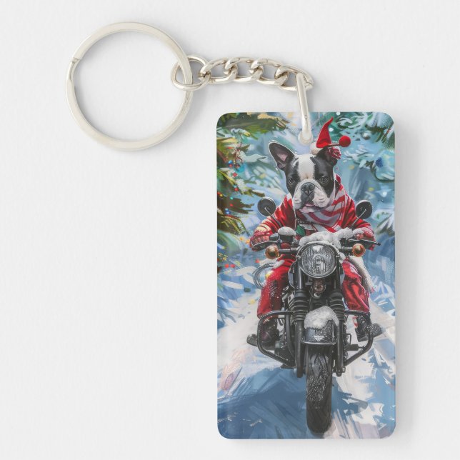 Boston Terrier Dog Riding Motorcycle Christmas Keychain (Front)