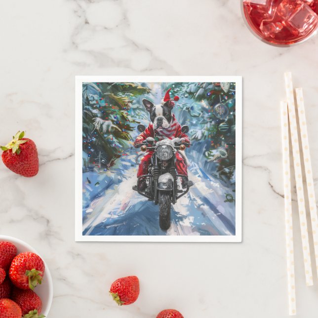 Boston Terrier Dog Riding Motorcycle Christmas Napkin (Insitu)