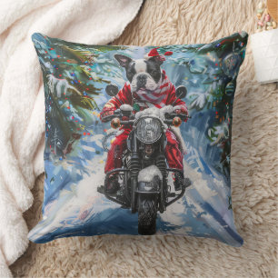 Boston Terrier Dog Riding Motorcycle Christmas Throw Pillow