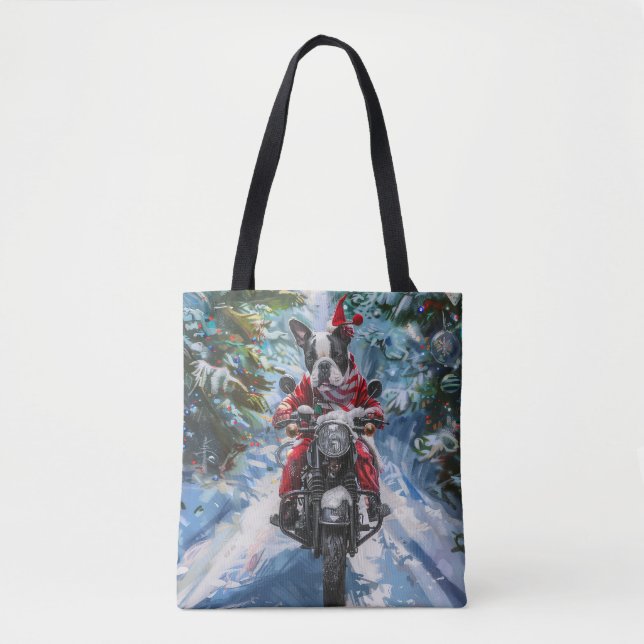 Boston Terrier Dog Riding Motorcycle Christmas Tote Bag (Front)