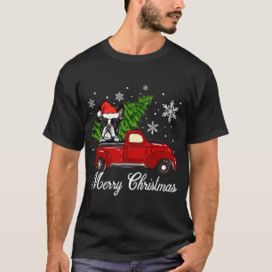 Boston Terrier Dog Riding Red Truck Merry Christma T-Shirt
