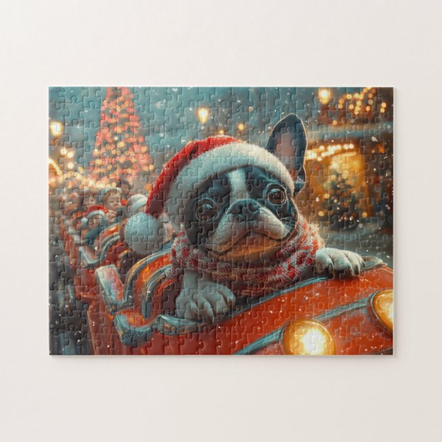 Boston Terrier Dog Roller Coaster Christmas Jigsaw Puzzle (Horizontal)