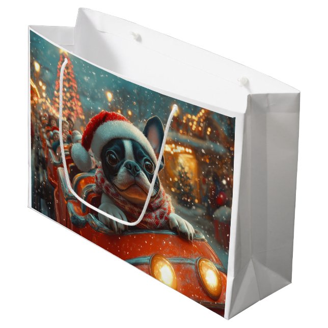 Boston Terrier Dog Roller Coaster Christmas Large Gift Bag (Front Angled)
