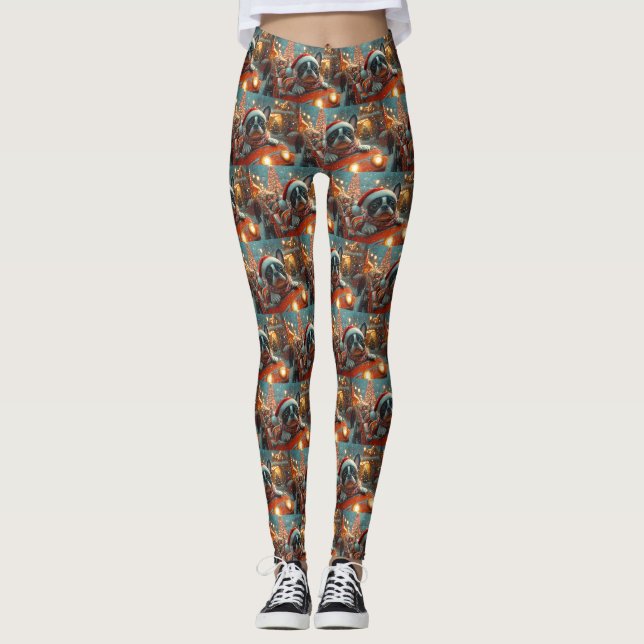 Boston Terrier Dog Roller Coaster Christmas Leggings (Front)
