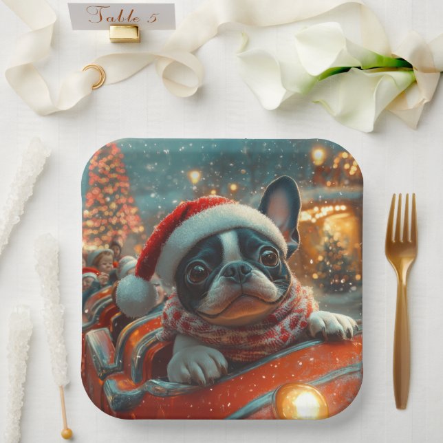 Boston Terrier Dog Roller Coaster Christmas Paper Plate (Wedding)