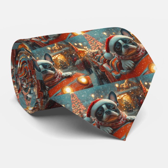 Boston Terrier Dog Roller Coaster Christmas Tie (Rolled)