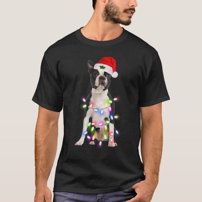 Boston Terrier dog Santa Christmas Tree Lights Xma T-Shirt (Front)