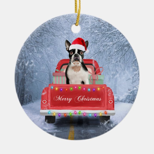 Boston Terrier Dog Snow sitting in Christmas Truck Ceramic Ornament (Front)