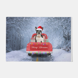 Boston Terrier Dog Snow sitting in Christmas Truck Doormat