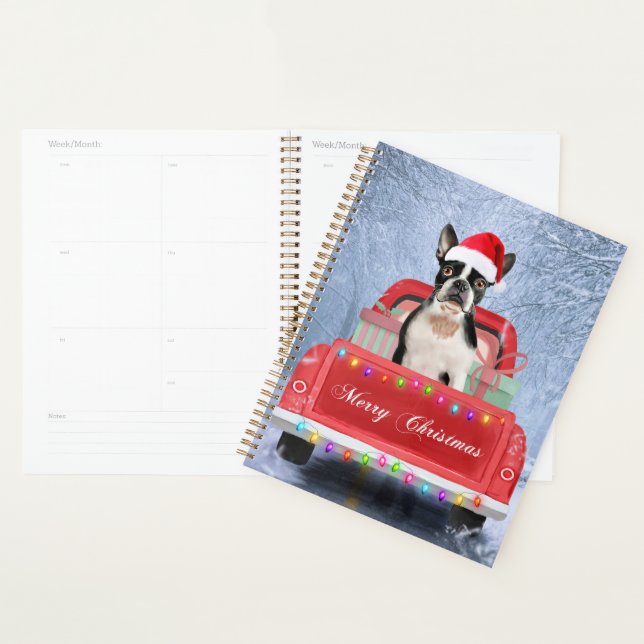Boston Terrier Dog Snow sitting in Christmas Truck Planner (Display)