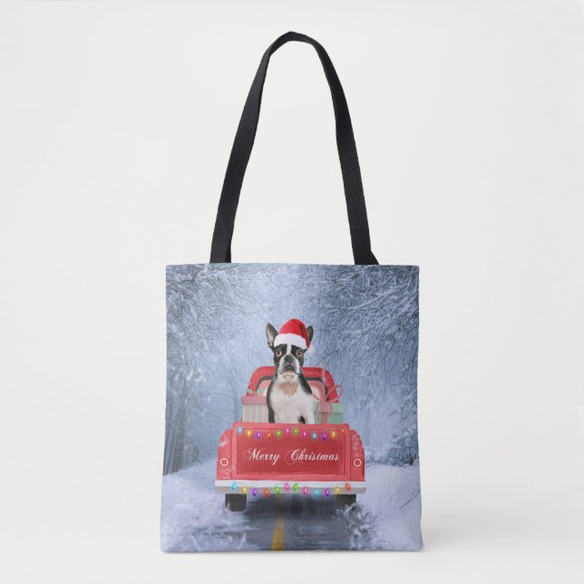 Boston Terrier Dog Snow sitting in Christmas Truck Tote Bag (Front)