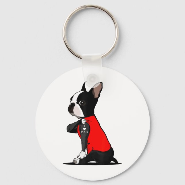 Boston Terrier Dog Tattoo I Love Dad Funny Family  Keychain (Front)