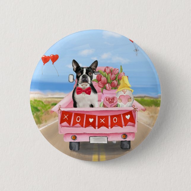 Boston Terrier Dog Valentine's Day Truck Hearts 2 Inch Round Button (Front)
