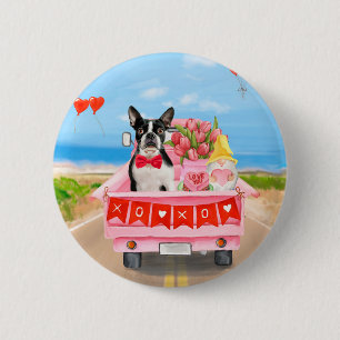 Boston Terrier Dog Valentine's Day Truck Hearts 2 Inch Round Button