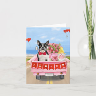 Boston Terrier Dog Valentine's Day Truck Hearts Card