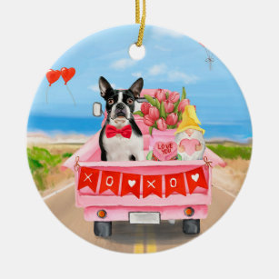 Boston Terrier Dog Valentine's Day Truck Hearts Ceramic Ornament