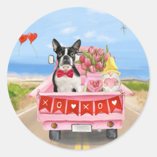 Boston Terrier Dog Valentine's Day Truck Hearts Classic Round Sticker