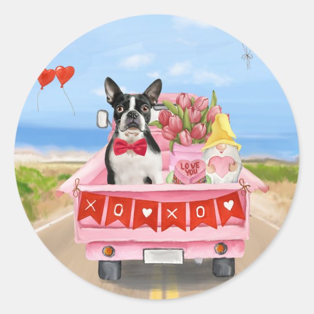 Boston Terrier Dog Valentine's Day Truck Hearts Classic Round Sticker (Front)