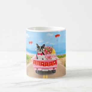 Boston Terrier Dog Valentine's Day Truck Hearts Coffee Mug