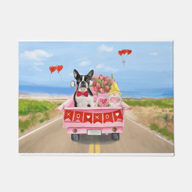 Boston Terrier Dog Valentine's Day Truck Hearts Doormat (Front)