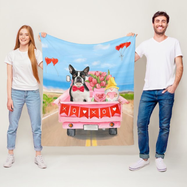 Boston Terrier Dog Valentine's Day Truck Hearts Fleece Blanket (In Situ)