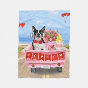 Boston Terrier Dog Valentine's Day Truck Hearts Fleece Blanket