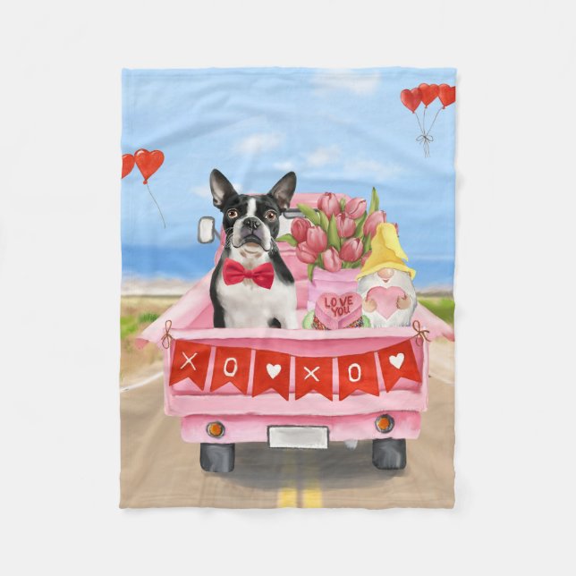 Boston Terrier Dog Valentine's Day Truck Hearts Fleece Blanket (Front)