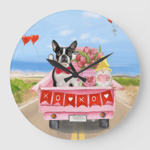 Boston Terrier Dog Valentine's Day Truck Hearts Large Clock