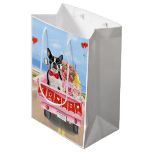 Boston Terrier Dog Valentine's Day Truck Hearts Medium Gift Bag
