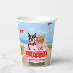 Boston Terrier Dog Valentine's Day Truck Hearts Paper Cups