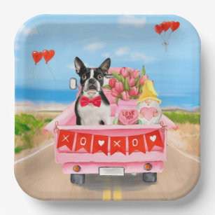 Boston Terrier Dog Valentine's Day Truck Hearts Paper Plate