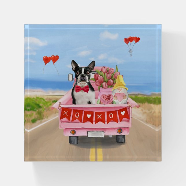 Boston Terrier Dog Valentine's Day Truck Hearts Paperweight (Front)