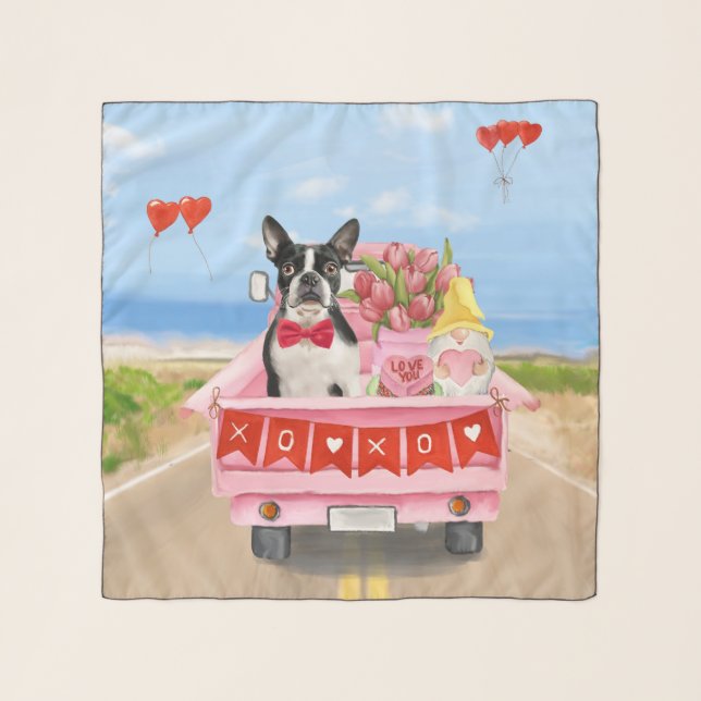 Boston Terrier Dog Valentine's Day Truck Hearts Scarf (Front)