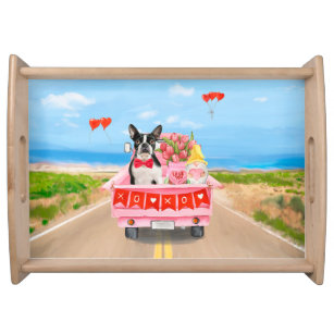 Boston Terrier Dog Valentine's Day Truck Hearts Serving Tray