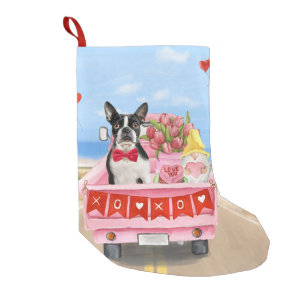 Boston Terrier Dog Valentine's Day Truck Hearts Small Christmas Stocking