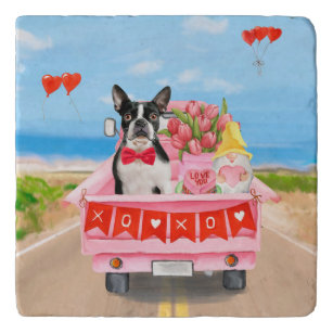 Boston Terrier Dog Valentine's Day Truck Hearts Trivet