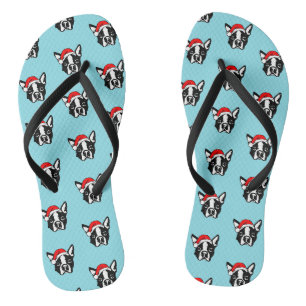Boston Terrier Dog W Christmas Santa Hat Pattern Flip Flops