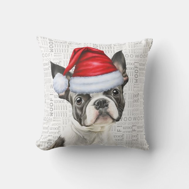 Boston Terrier Dog Watercolor Christmas Throw Pillow (Front)