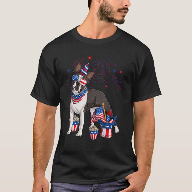 Boston Terrier Dog Wearing 4th of July Sunglasses  T-Shirt (Front)