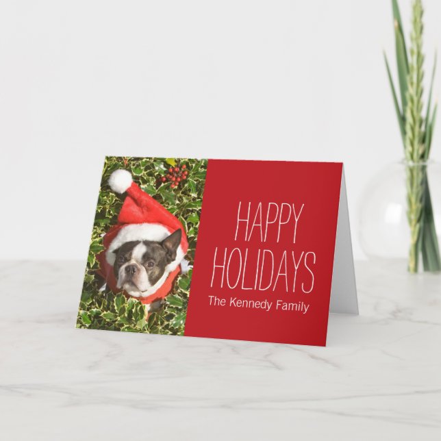 Boston Terrier dog wearing a Christmas wreath Holiday Card (Front)