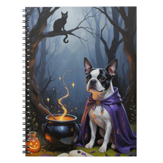 Boston Terrier Dog Whimsical Halloween Painting Notebook (Front)