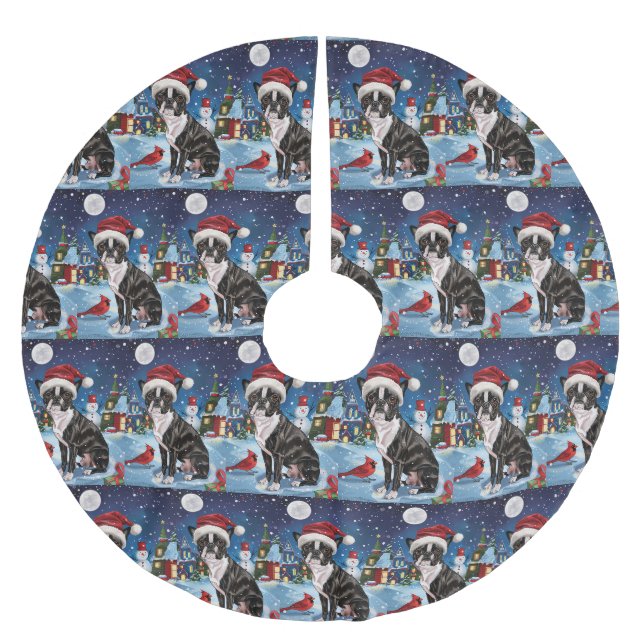 Boston Terrier Dog Winter Wonderland Christmas Joy Brushed Polyester Tree Skirt (Front)