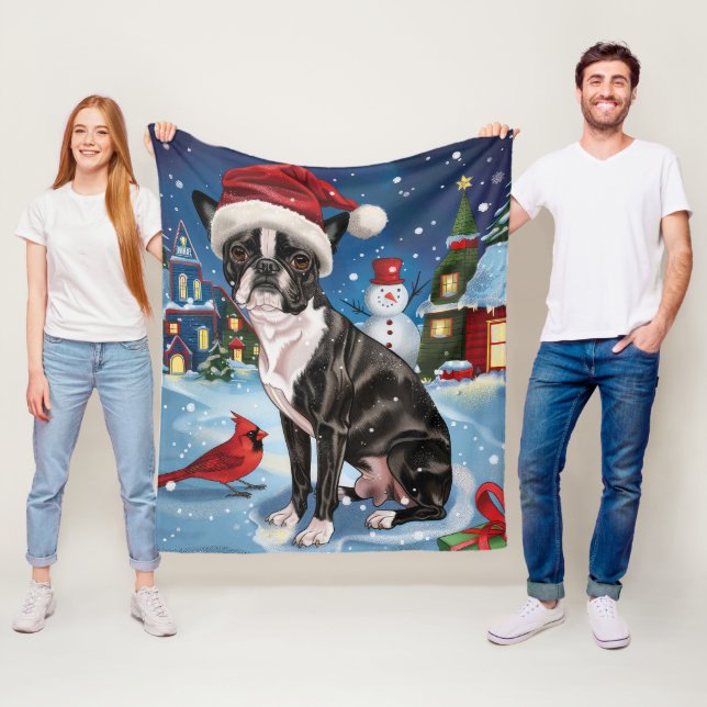 Boston Terrier Dog Winter Wonderland Christmas Joy Fleece Blanket (In Situ)