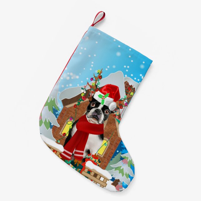 Boston Terrier dog with Christmas gifts Small Christmas Stocking (Front (Hanging))