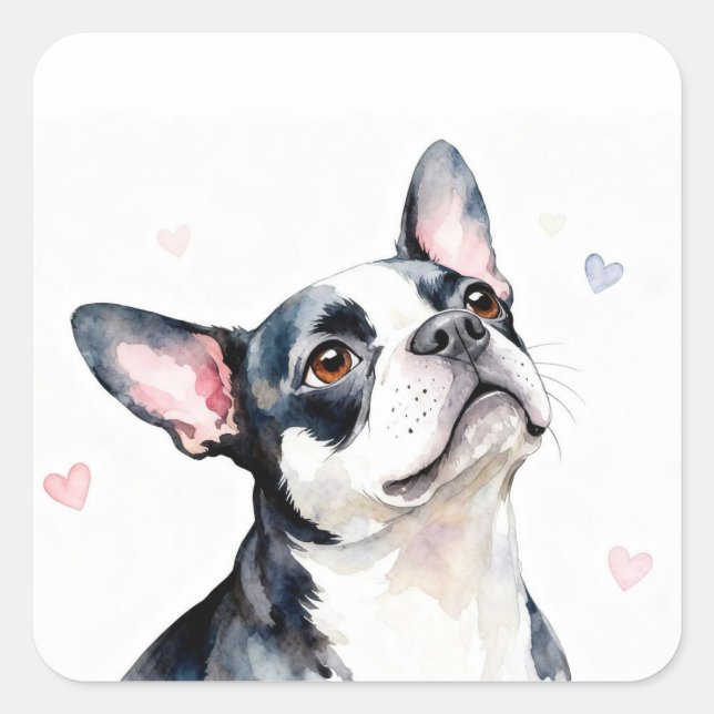 Boston Terrier Dog with Hearts Square Sticker (Front)