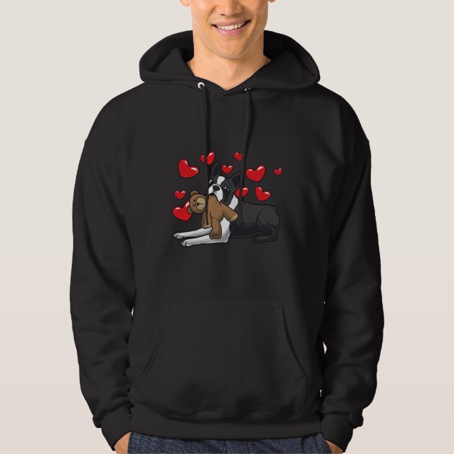 Boston Terrier Dog With Stuffed Animal And Hearts Hoodie (Front)