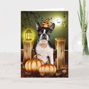 Boston Terrier Dog with Witch Hat Halloween Card