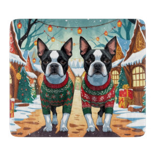Boston Terrier Dogs Christmas Snow Holiday Cutting Board