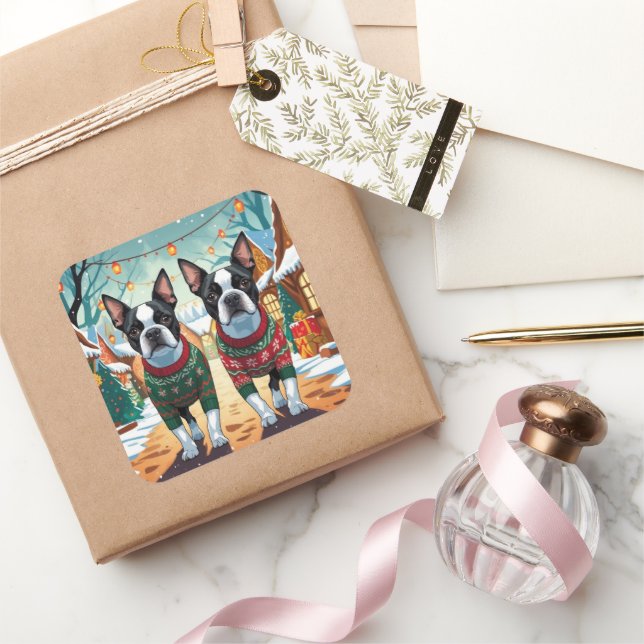 Boston Terrier Dogs Christmas Snow Holiday Square Sticker (Gifting)