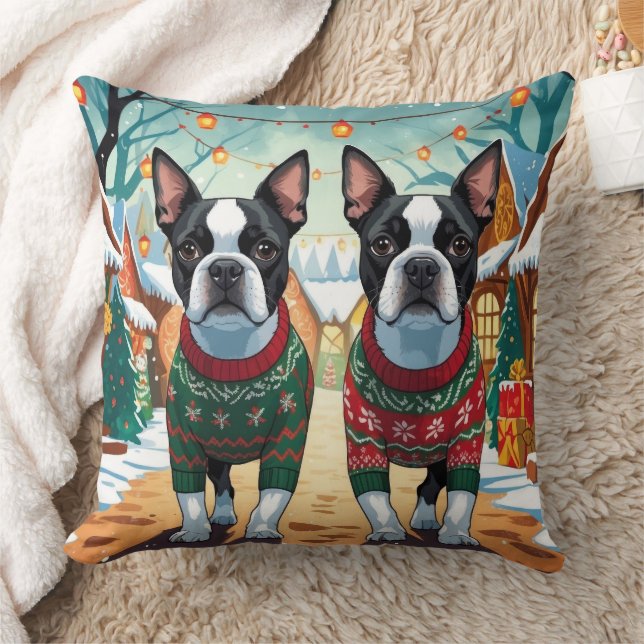 Boston Terrier Dogs Christmas Snow Holiday Throw Pillow (Blanket)